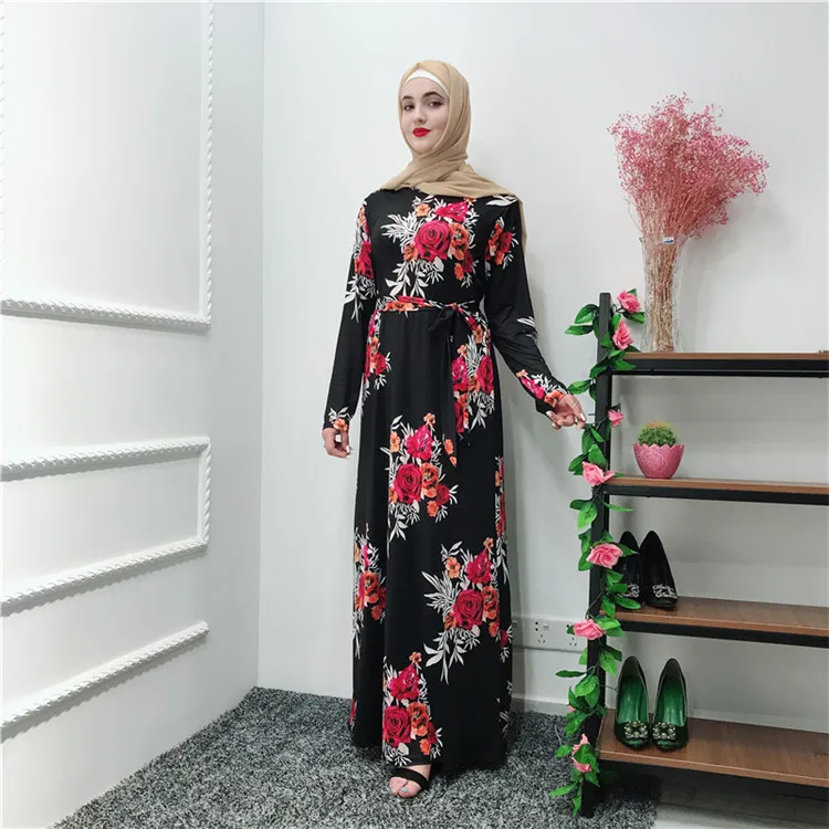 

Hot Selling maxi islamic clothing high quality turkish kaftan muslim dress floral printing Dubai Fancy abaya, Black