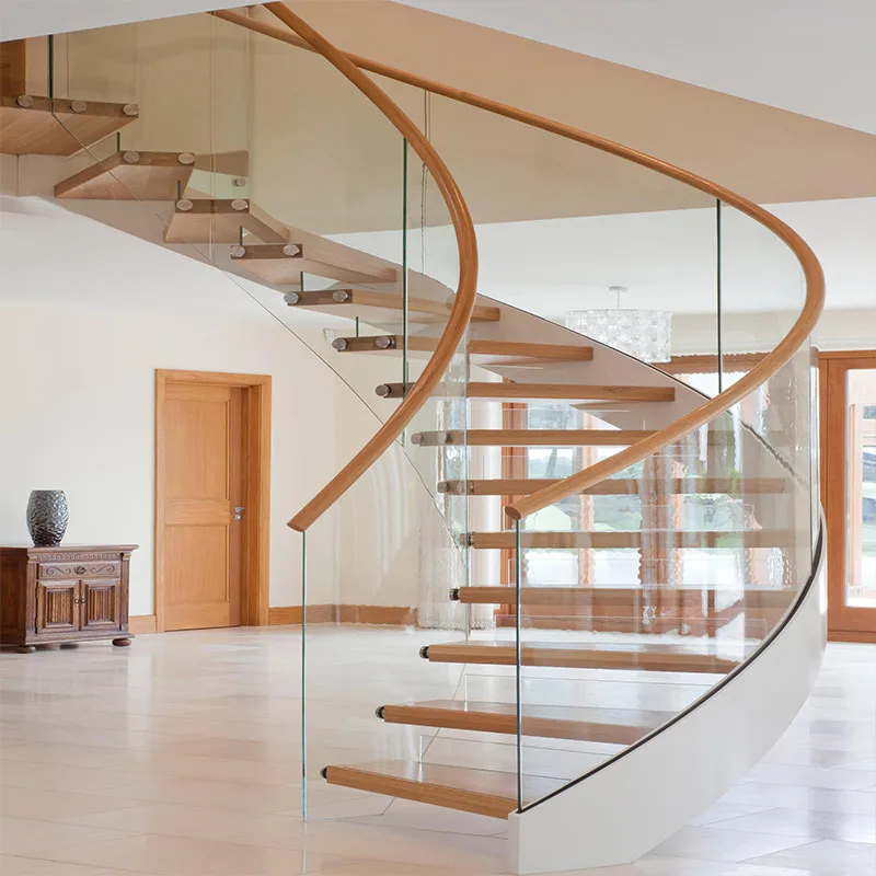 Curved/Arc spiral Staircase, Indoor staircase,Luxury Modern Home Decoration Glass decor stairs wooden Stairs manufacture