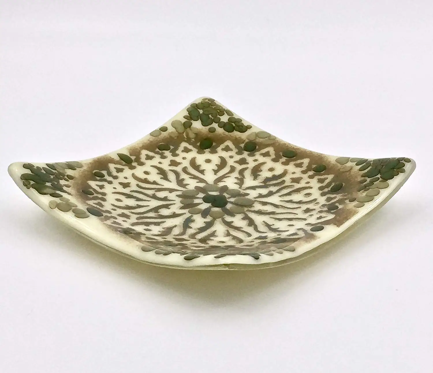 6" Decorative Fused Glass Decorative Plate in Ivory, Taupe and Green