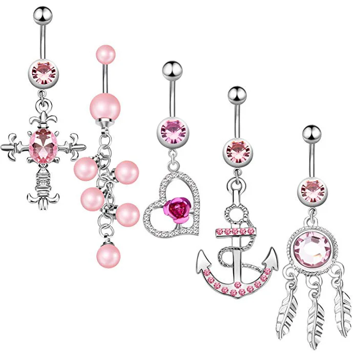 

5Pcs/Set Dangle Rings Belly Button Ring Navel Sexy Pink Set Stainless Steel Jewelry 14G Belly Body Piercing for Girls, Acqua