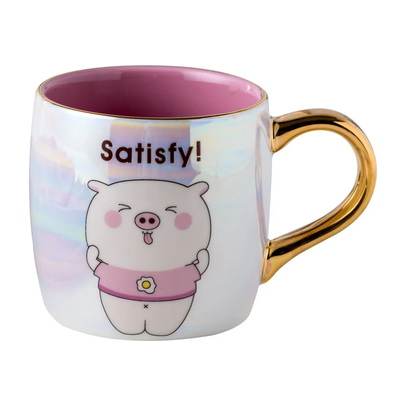 

Cartoon simple colorful pig ceramic cup couple coffee mug with lid spoon