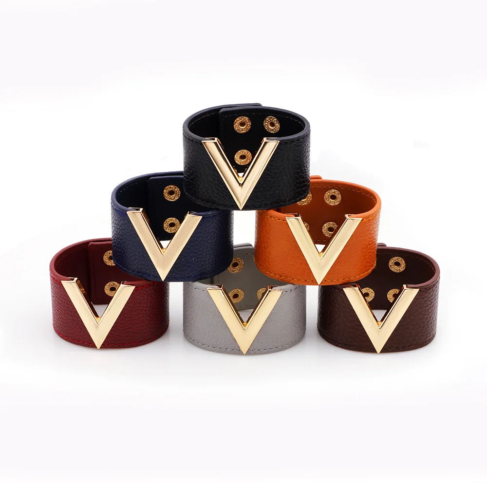 

Manufacturers custom fashion Europe and America wide leather bracelet women wild multi-color V-shaped leather bracelet wholesale, N/a