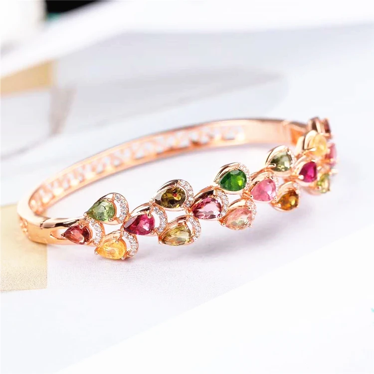 

colorful Indian jewelry 18k Gold plated 925 sterling silver natural tourmaline Bangles Latest Designs Bracelet For Women