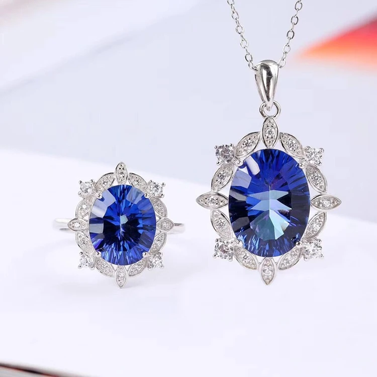 

SGARIT Trendy Oval Big Gemstone Custom Jewellery 925 Sterling Silver Natural Blue Topaz Jewelry Sets Women