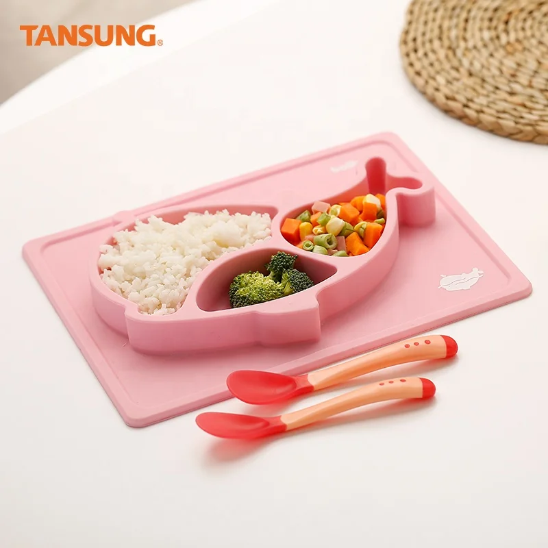 

One-Piece Suction Silicone Healthy Baby Happy Bowl Mat Placemat Plate with Spoon, Pink, green