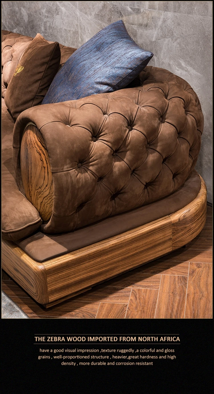 豪华客厅实木家具切斯特菲尔德沙发现代意大利风格组合磨砂棕色真皮