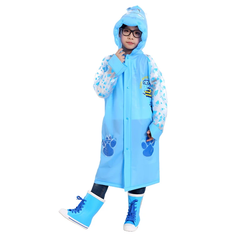 

Wholesale PVC Vinyl Kids raincoat manufacturers with logo and backpack for on the way school, Green,blue,orange,red