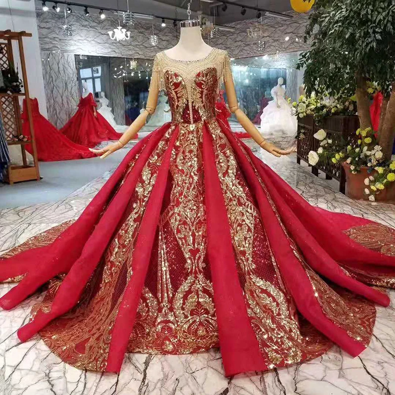 

Jancember LS11109 luxury red o-neck short sleeves crystal party long golden lace dubai style evening dress