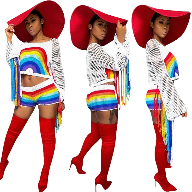 

Wholesale OEM ODM MT1143 tassel rainbow print two-piece shorts suit