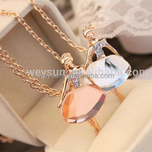 

Women Jewelry Gold Plated Sweater Chain Shiny Crystal Ballet Girl Pendant Necklace Statement Long Necklace, Picture