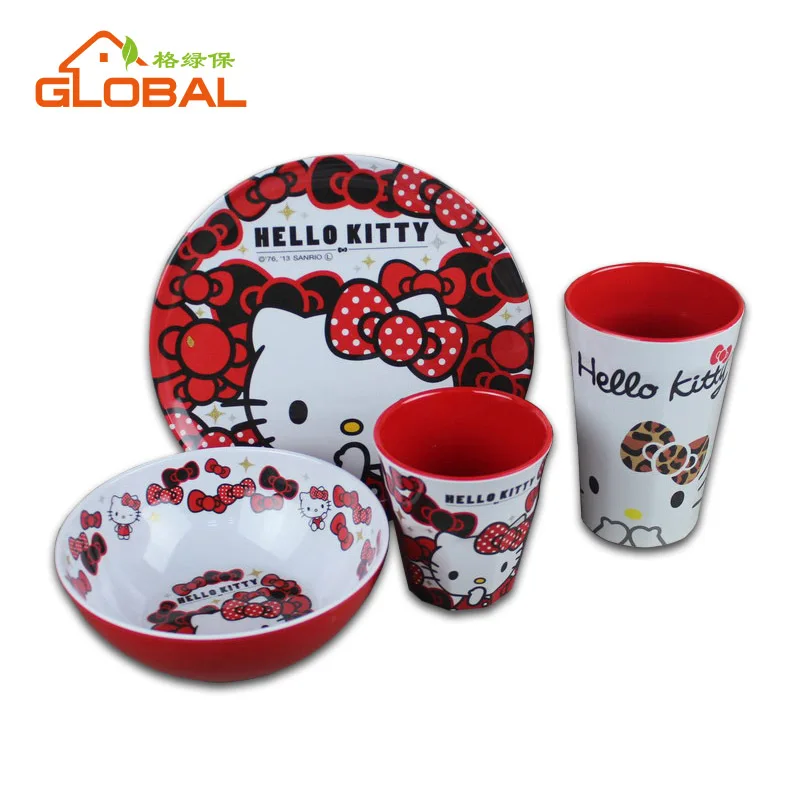 Cute Kids Hello Kitty Melamine Breakage-proof Tableware Set Bowl+Cup+plate