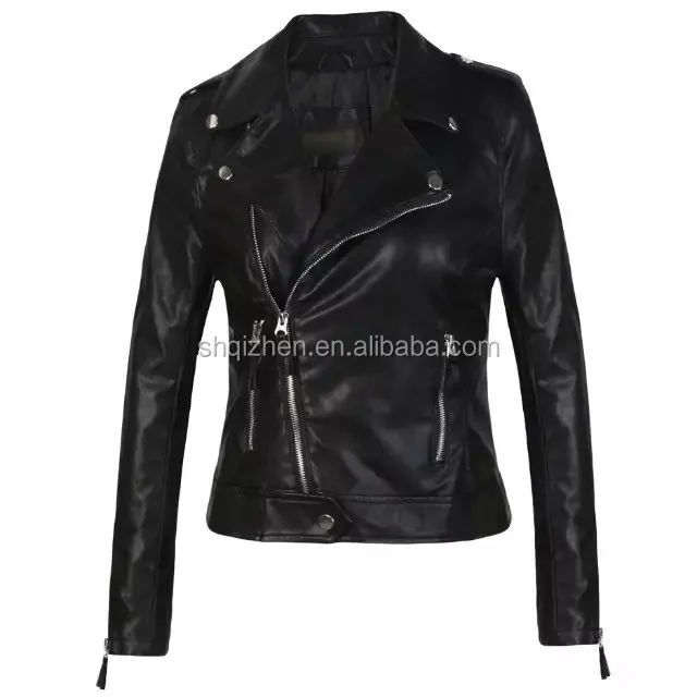

Slim fit design black color pu leather jacket for women sexy short biker coat