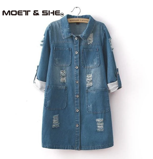 2015 New Fashion Spring Autumn women long sleeve Roll Up jeans Coat female casual Ripped long