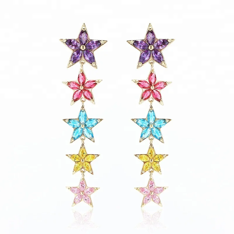 

New design rainbow crystal long drop star dangle fashion earring for women, Multi color