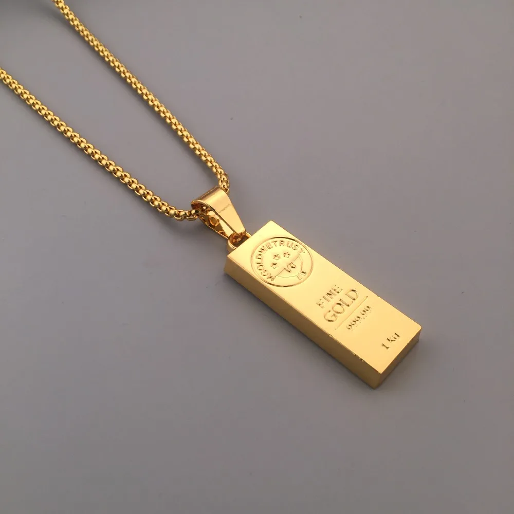 Stunning Jewelry Men Gold Engraving Bar Shape Pendant Necklace With