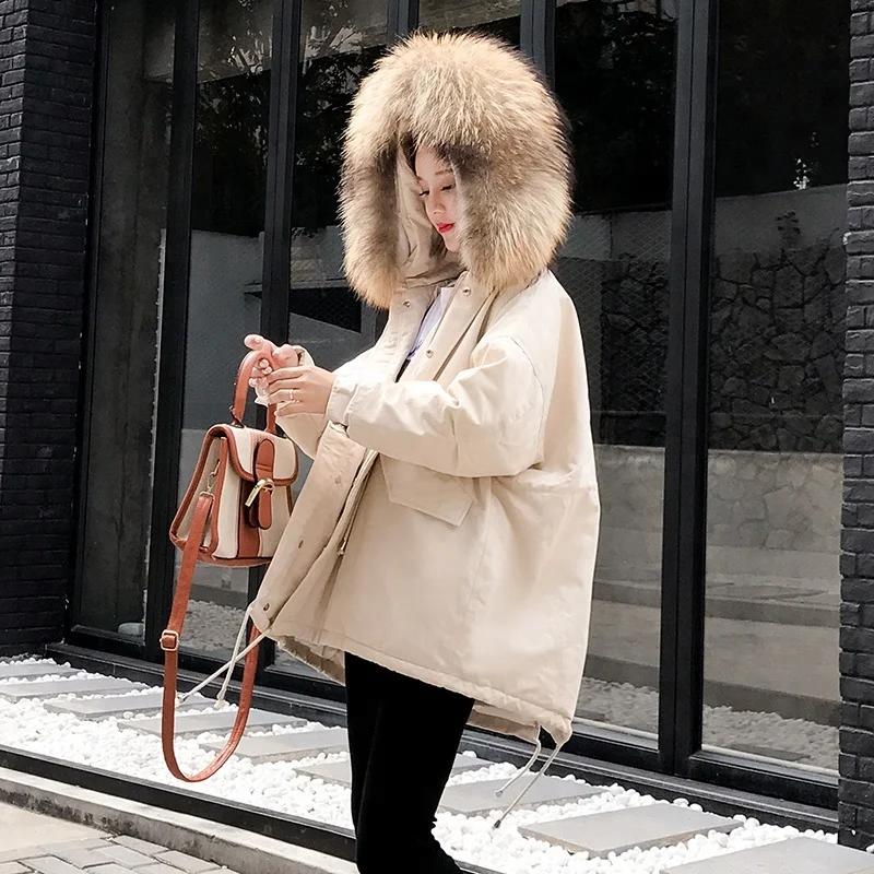 

Korea New Winter Women Thicken Cotton Coat Raccoon Fur Collar Jacket Long Parka Down Coat, As photo or customized