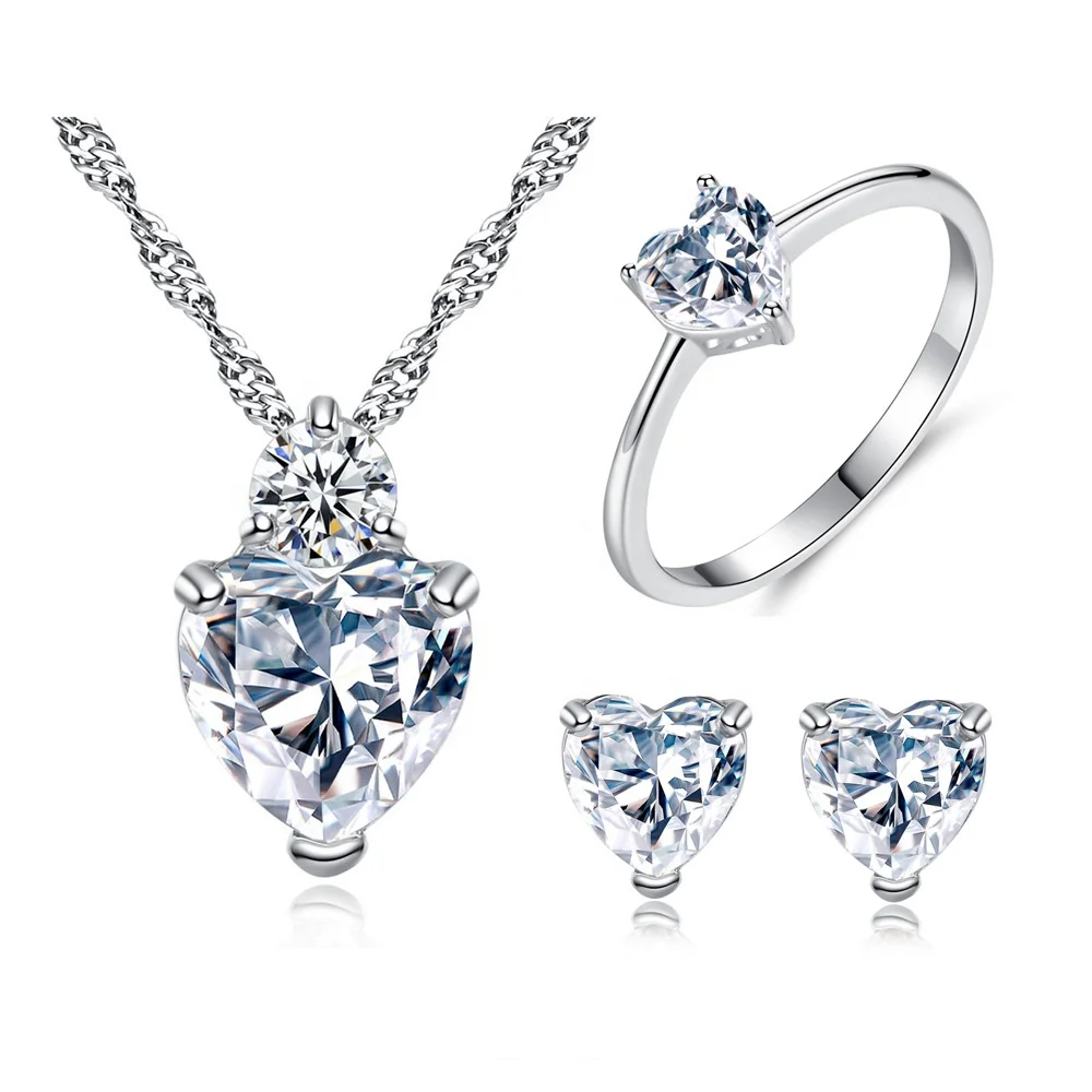 

Free Shipping Heart Shaped White Zircon Necklace Earring Ring Jewelry Set