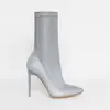 Fashion ladies factory price pointed toe stiletto heels ankle boots woman girls lycra zip inside reflection night party boots