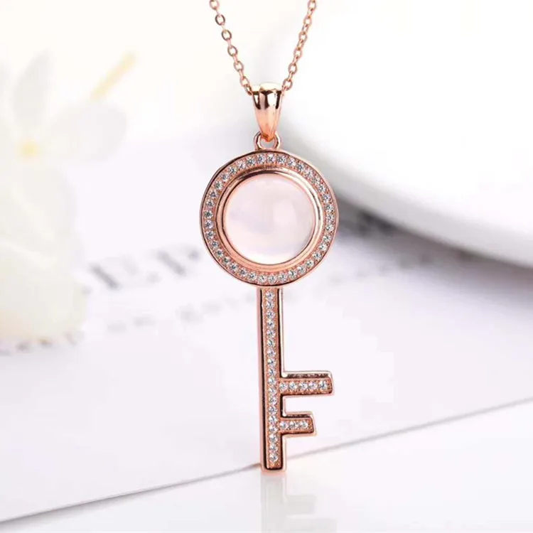 

pink crystal key shape jewelry 925 sterling silver 18k rose gold plated 10mm natural rose quartz pendant necklace for women