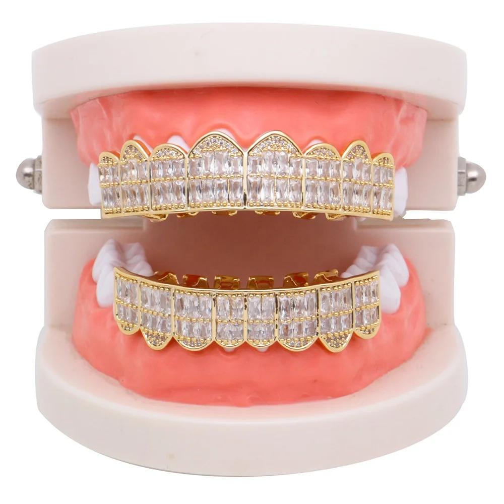 

Mister Jewelry 18K gold teeth grillz with baguette diamond, gold grillz hip hop teeth, Yellow gold /white rhodium