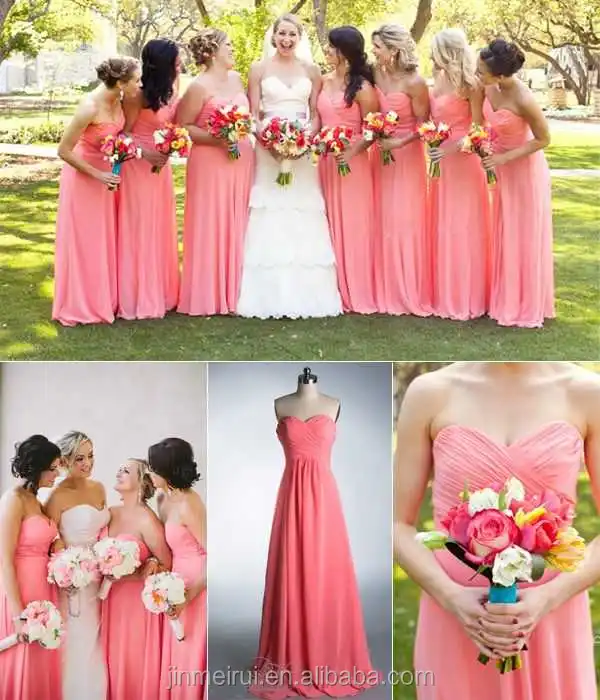 

Coral Color Bridesmaid Dresses Maid Of Honor Chiffon Sweetheart Floor Length Long Wedding Party Watermelon Bridesmaid Dress