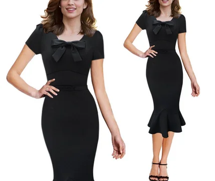 

S-XXL Women Work Wear Elegant Stretch Dress Charming BodyconPencil Spring Business Casual Fish Flower Side Dresses, Black;red;green;blue;white