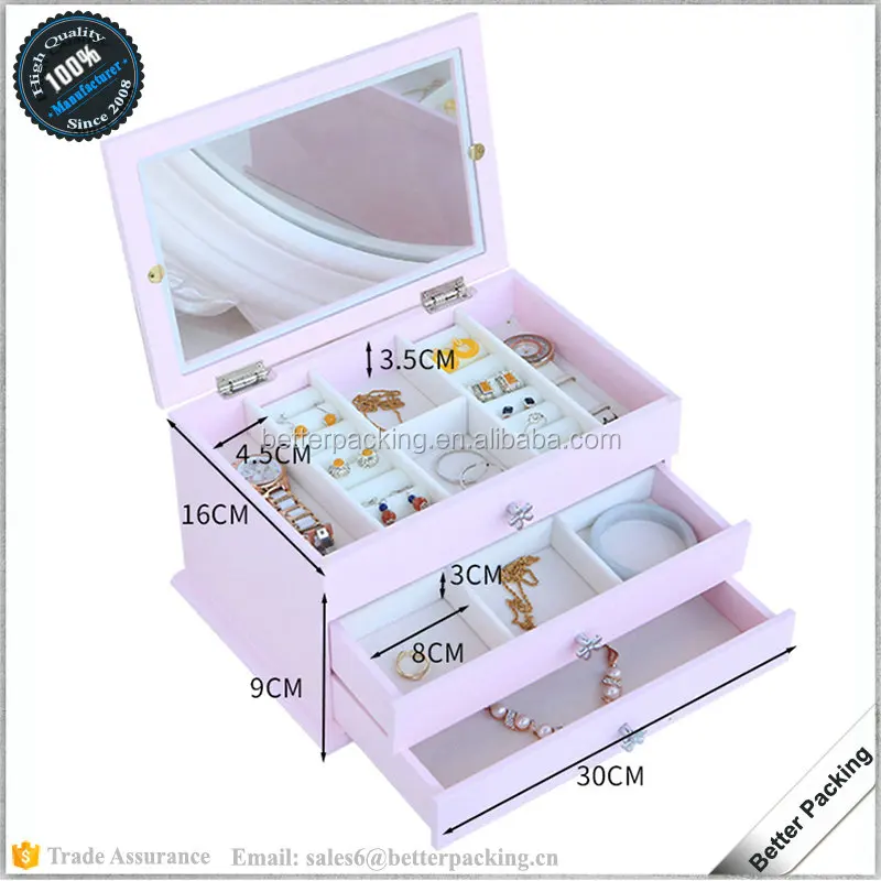 

Girl Wedding Birthday Gift Case Jewelry Display Packaging Wood Luxury Box, Pink and white