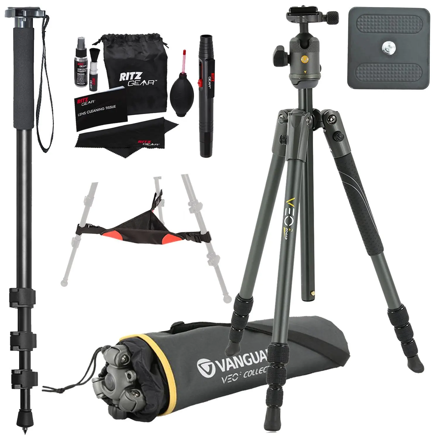 Vanguard VEO 2 204AB Black Aluminum Tripod with VEO 2 BH-45 Ball Head, Ritz Gear Tripod Stone Bag, 72-Inch Monopod with Quick Release and Ritz Gear Cleaning Kit