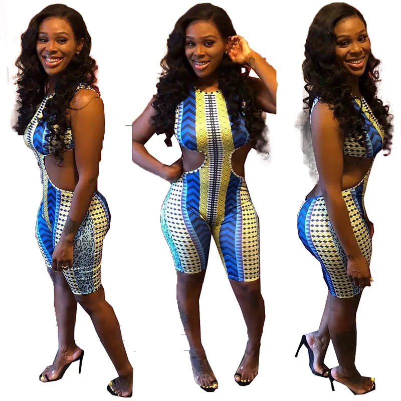 

High Quality Sexy Multicolor Hollow Out Printed Halter Jumpsuit