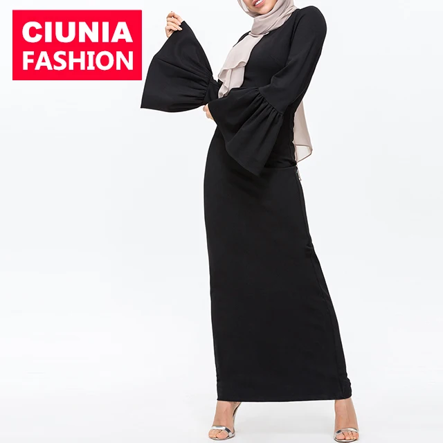 

139# Muslim Elegant Maxi Length Dress Bell Sleeves Long Robe Gowns Kimono Islamic Prayer Clothing Wholesale, Black/dard green/navy/wine red