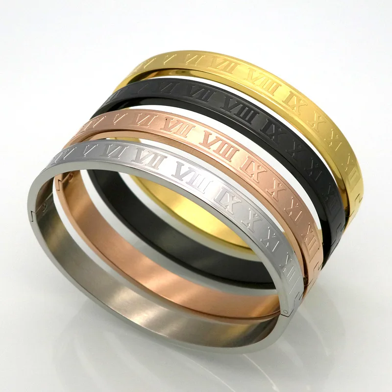 

Valentine's Day Gift 4 Colors Available 316L Stainless Steel Bangle Roman Numerals Engraved Stainless Steel Cuff Bangle, Silver;gold;rose gold;black