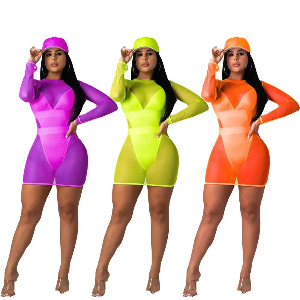 

Wholesale women solid color mesh sexy bathing bodycon dress suit two piece set swimwear