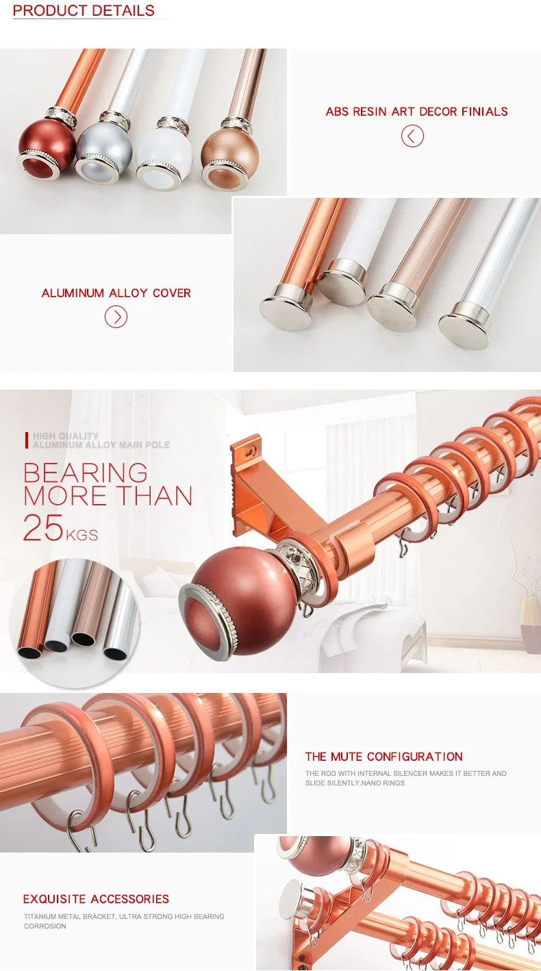 Fancy 28mm Aluminum double curtain rods set with ceiling bracket