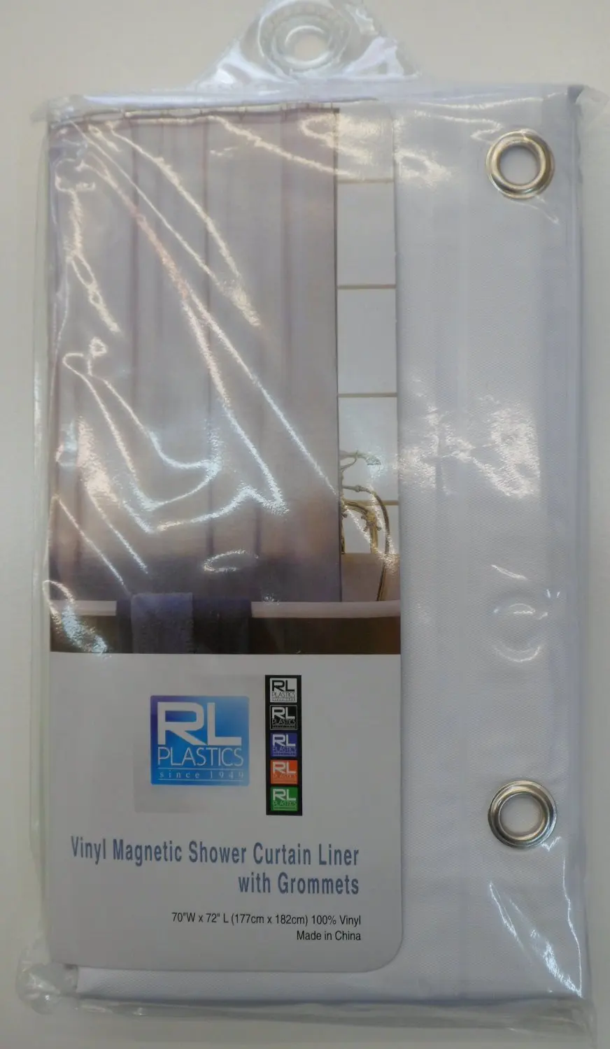 RL Plastics 100% Vinyl White Magnetic Shower Curtain Liner with Grommets, Mildew and Water Resistant Standard Size 70" X 72"