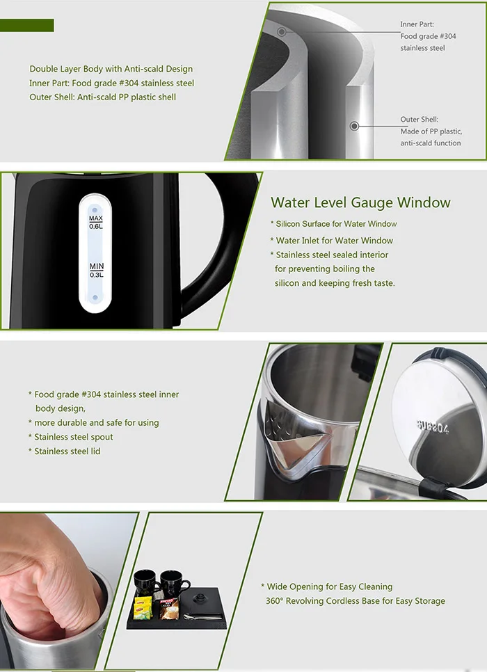 Honeyson hotel 0.6L energy saving new design cordless electric kettle