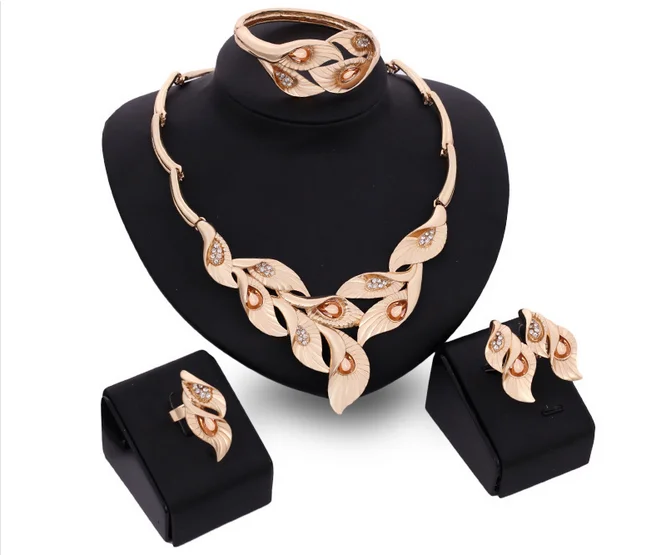 

Ladies Gold Leaf Studded Red Water Drop Necklace Earring Jewelry Sets