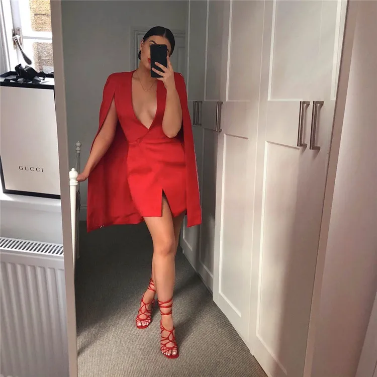 

Top Quality Red White Long Flare Sleeve Mini V-neck Celebrity Evening Fashion Club Party Dress