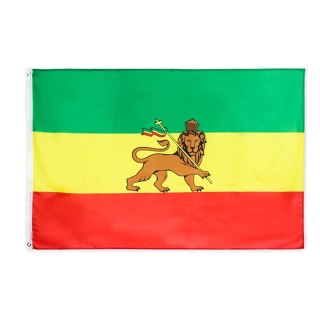 Wholesale Printed Polyester Stock 3x5 Ft Kingdom Ethiopia Imperial Ethiopian Green Yellow Red Flag Lion Silk Screen Printed