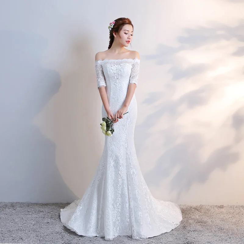 ZH2349G Elegant Bateau Lace Mermaid Wedding Dresses with Half Long Sleeves Court Train Bridal Gown