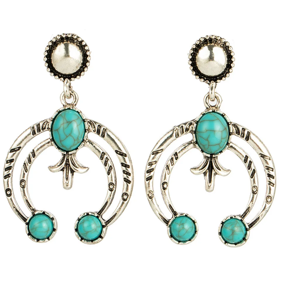 

Hot selling Geometric Crescent-Shaped Inlaid Turquoise Pearl Alloy Earrings Women, 1colors