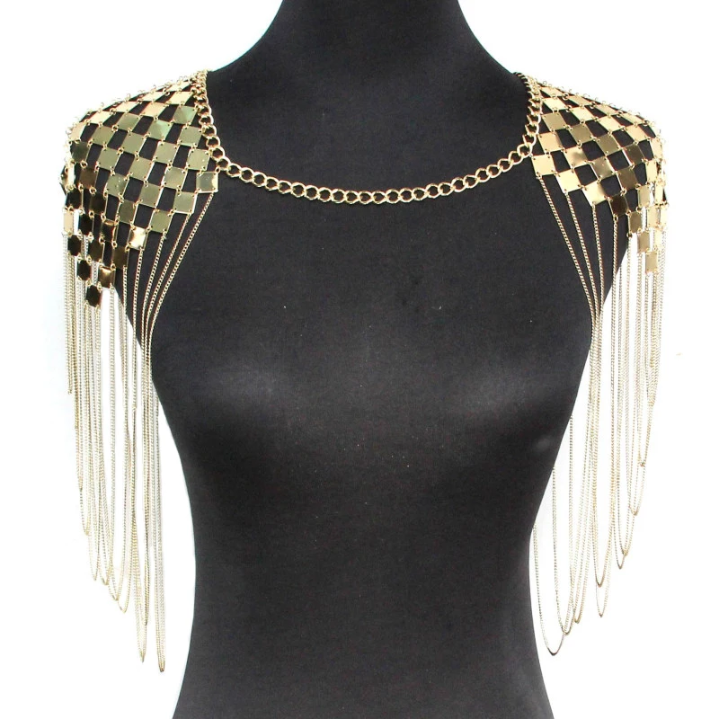 

Punk Statement Body Chain Collar Shoulder Long Necklaces Tassel Pendants Women Bohemian Sexy Statement Fashion Body Jewelry, Gold;silver