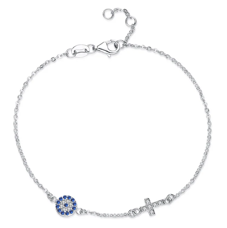 hot sale AAA grade cz paved 925 sterling silver evil eye and cross chain bracelet