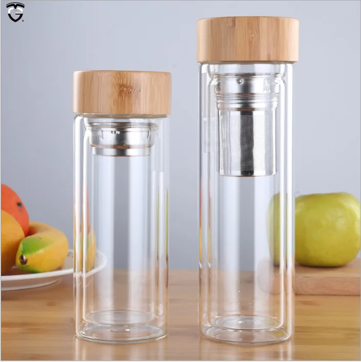 

350ML 450ML crystal large tea infuser filter borosilicate double wall wide mouth glass water tea bottle with bamboo lid, Transparent