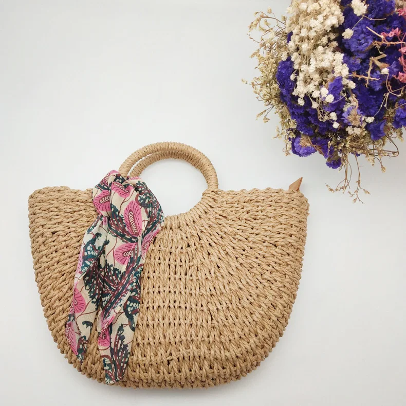 

New Design Handmade Leisure Straw Bag Handhag for Women with Ribbon, 1 colors