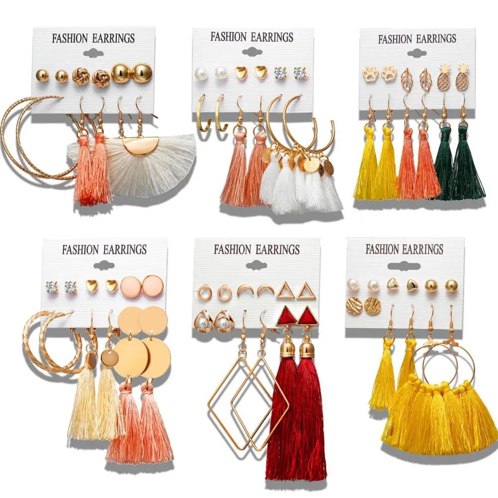 

New Design 6pcs/set Mix Style Alloy Geometry Bohemia Earring Hoop Tassel Pendant Pearl Crystal Stud Earring For Women, Picture