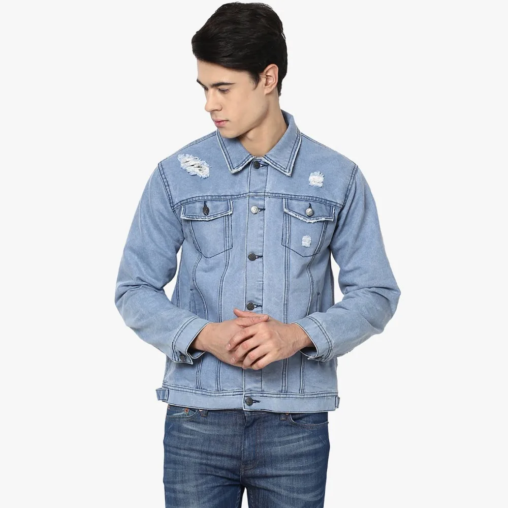 light blue ripped denim jacket mens