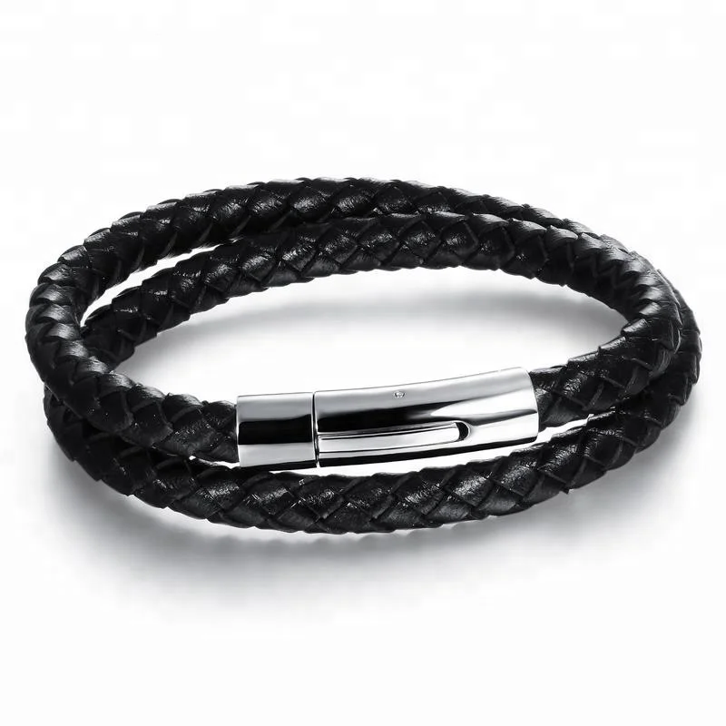 

Magnetic Lock 316L Stainless Steel Exquisite Snaps Genuine Leather Bracelet Magnetic Bracelet, Black