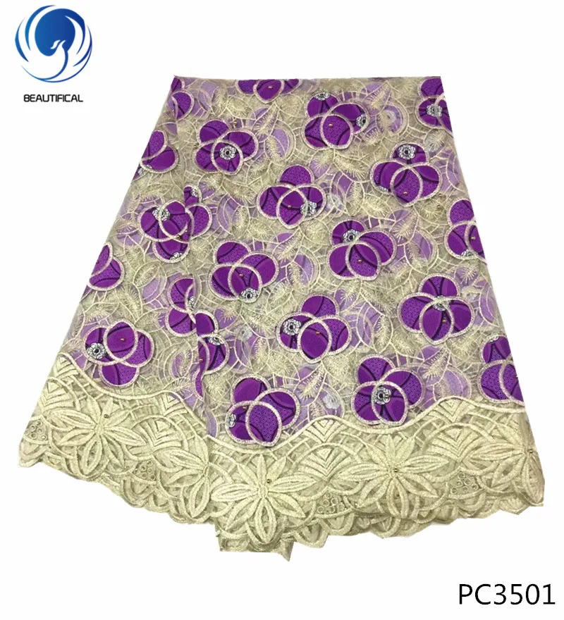 

Beautificial Fashion embroidery cotton wax with lace fabric with beads african tulle lace mix wax fabric for wedding 5yards PC35, Customized