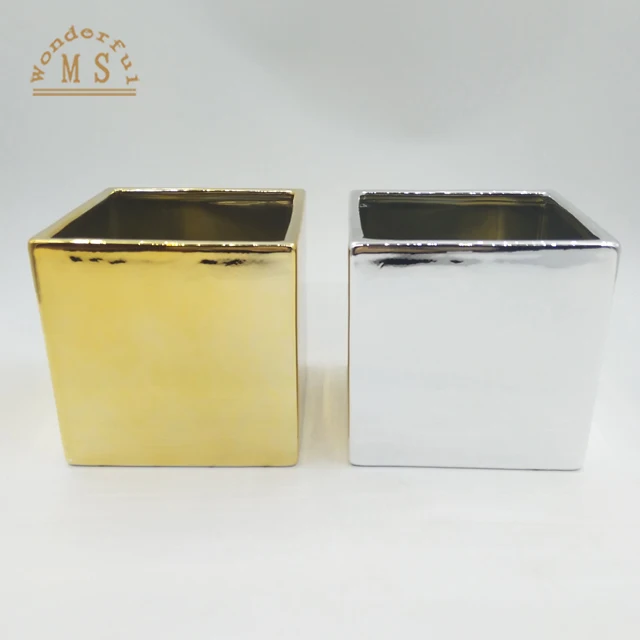 Wholesale heavy cube ceramic flower pots with electroplating gold silver cooper and white black red color glazing home decor