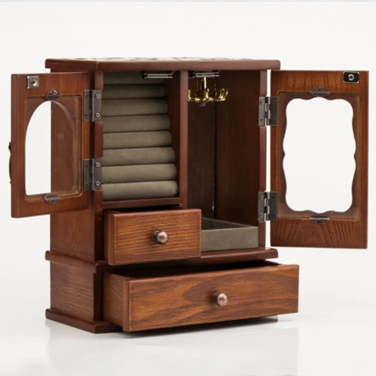 Wooden jewelry and accessories organizer with different sizes drawers and mirror